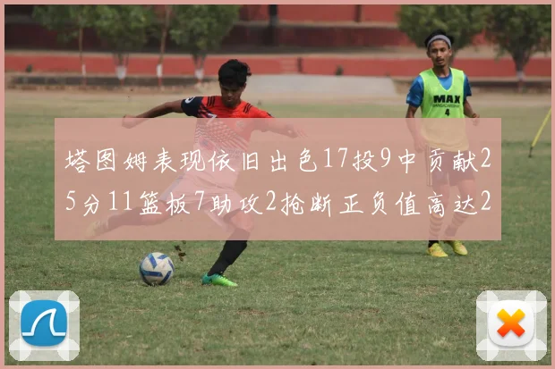 塔图姆表现依旧出色17投9中贡献25分11篮板7助攻2抢断正负值高达20